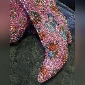 YAYONE Rhinestone Zipper Sparkly Ankle Boots - Glitter Pointed Toe